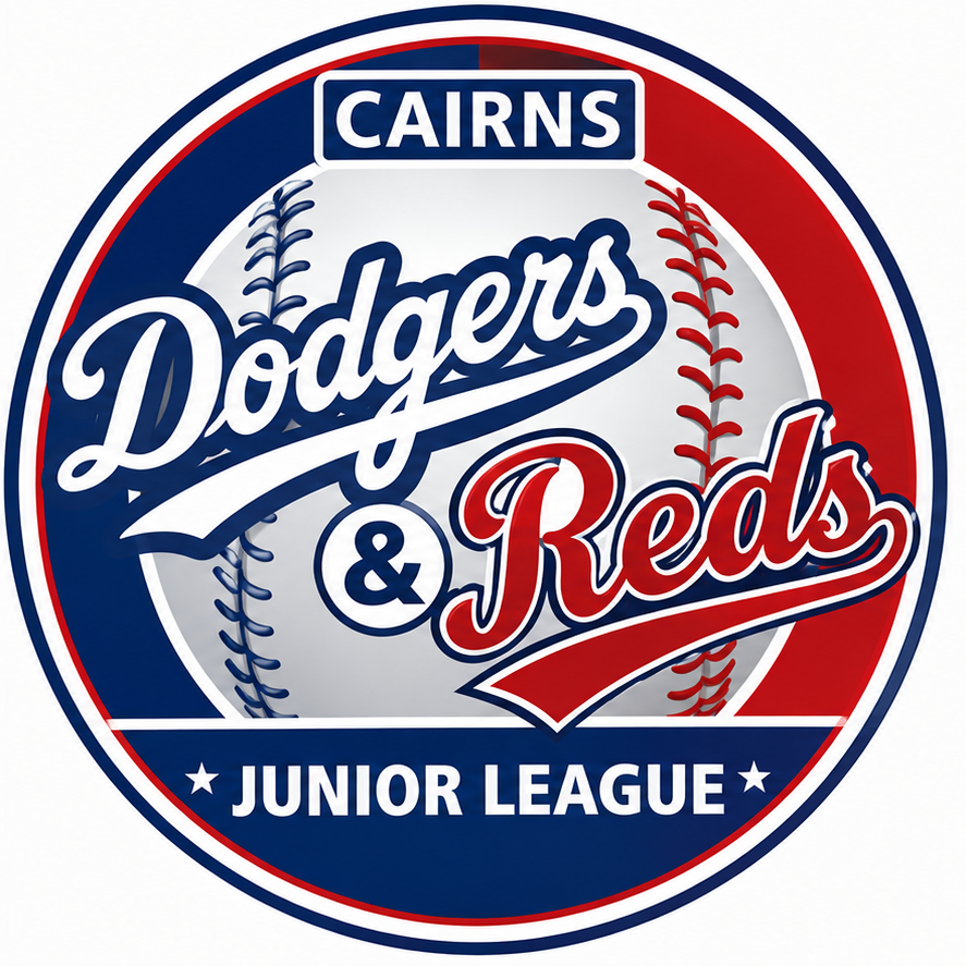 Cairns Dodgers & Reds Junior League logo featuring a blue and red circular baseball emblem with a baseball stitching background.