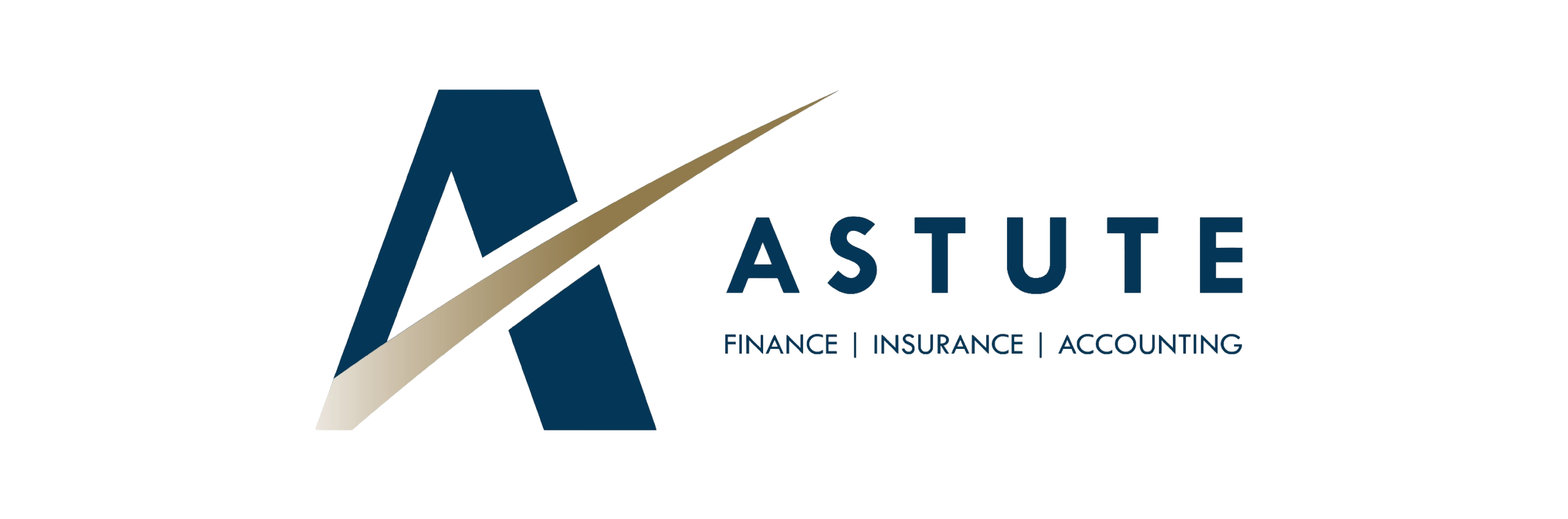Astute logo with dark blue 'A' and gold swoosh, plus word ASTUTE and tagline 'Finance | Insurance | Accounting'.