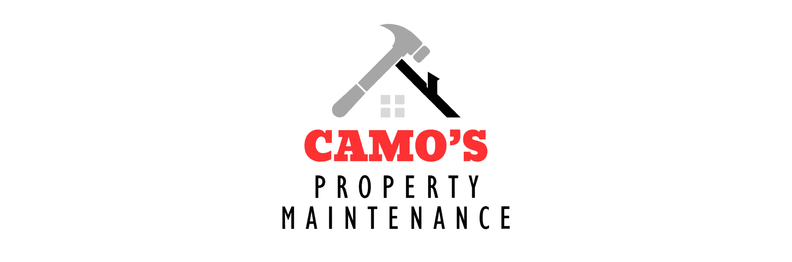 Logo for Camo's Property Maintenance with a hammer and house silhouette above the bold red text CAMO'S and the black 'PROPERTY MAINTENANCE' line beneath.