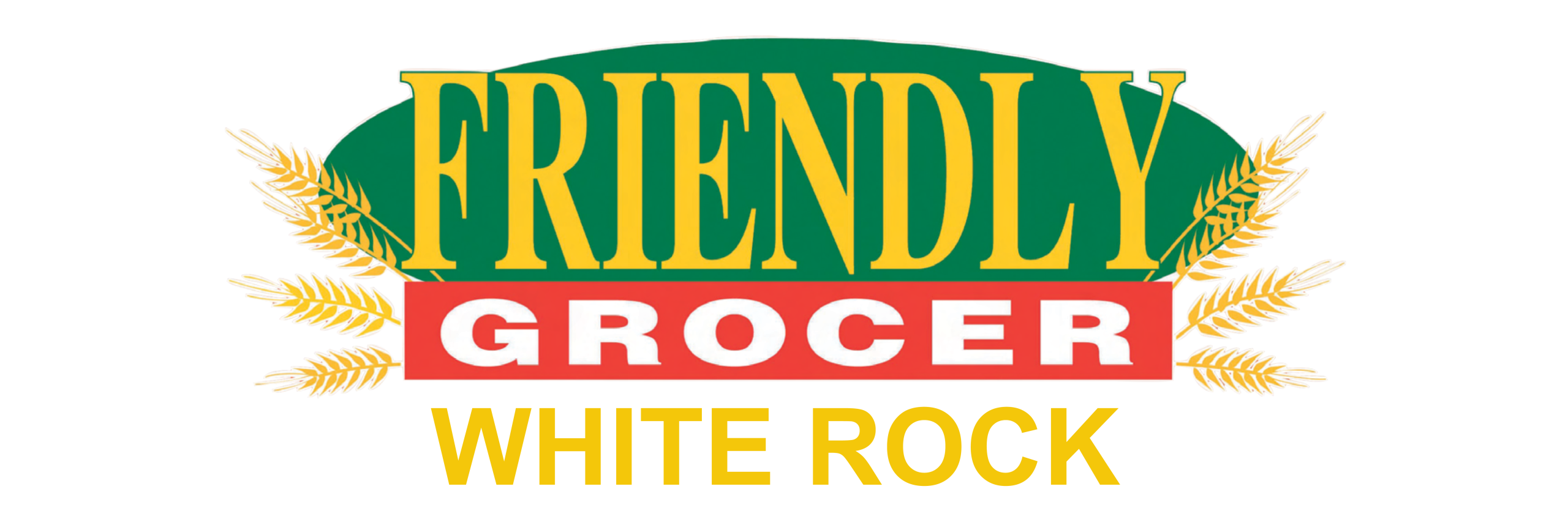 Logo for Friendly Grocer White Rock: green oval with yellow 'FRIENDLY', red 'GROCER' banner, and yellow 'WHITE ROCK' text with wheat accents.