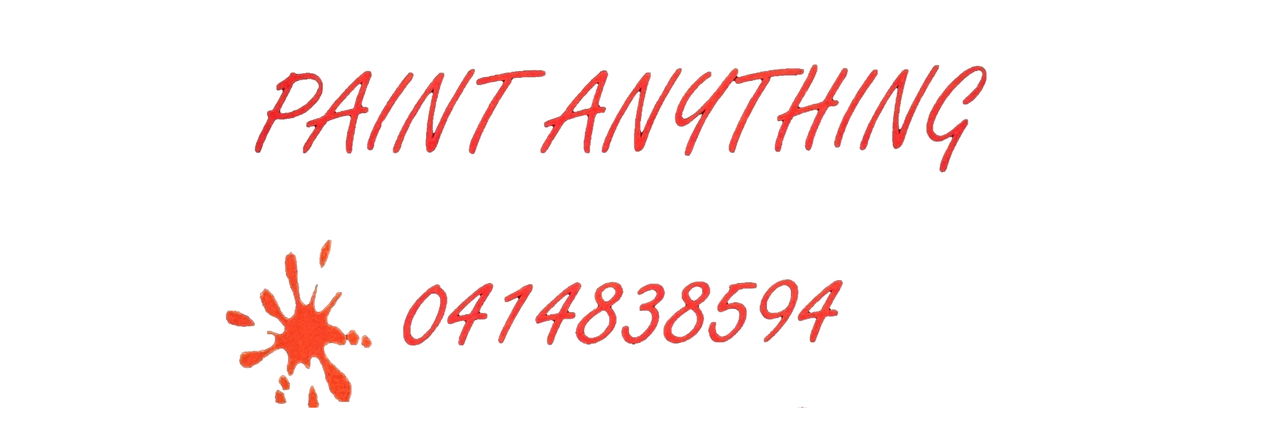 Logo for 'PAINT ANYTHING' in red cursive with a red paint splatter and the phone number 0414838594 on a black background