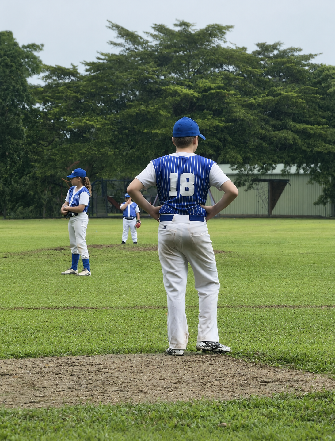 Youth baseball players stand on a grassy field; a player wearing #18 blue pinstriped jersey faces away in the foreground.