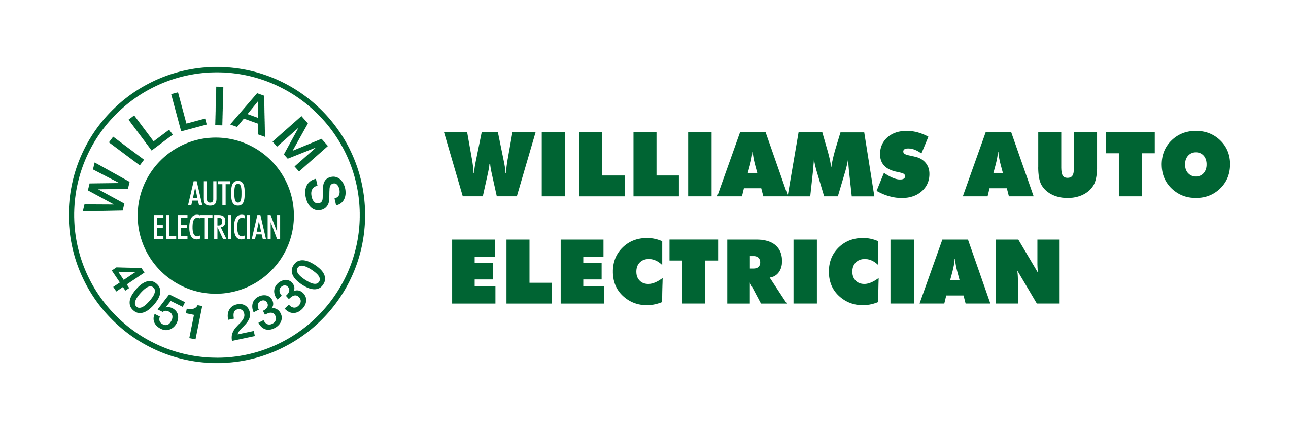 Logo for Williams Auto Electrician: green circular badge with 'AUTO ELECTRICIAN' in the center and phone numbers, next to bold 'WILLIAMS AUTO ELECTRICIAN' text.