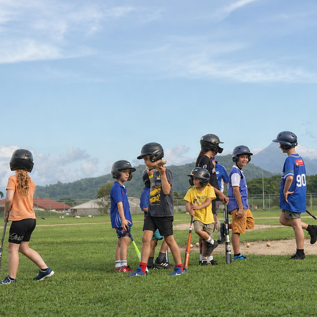 Group of children wearing helmets and holding bats on a grassy baseball field, talking and waiting for practice on a sunny day with hills in the distance.