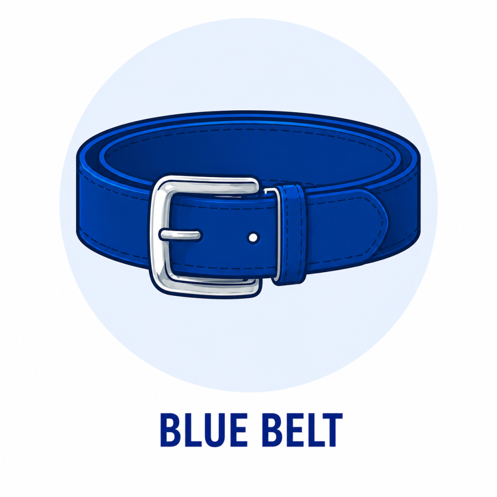 Blue belt with a silver buckle on a pale blue circular background, labeled BLUE BELT.
