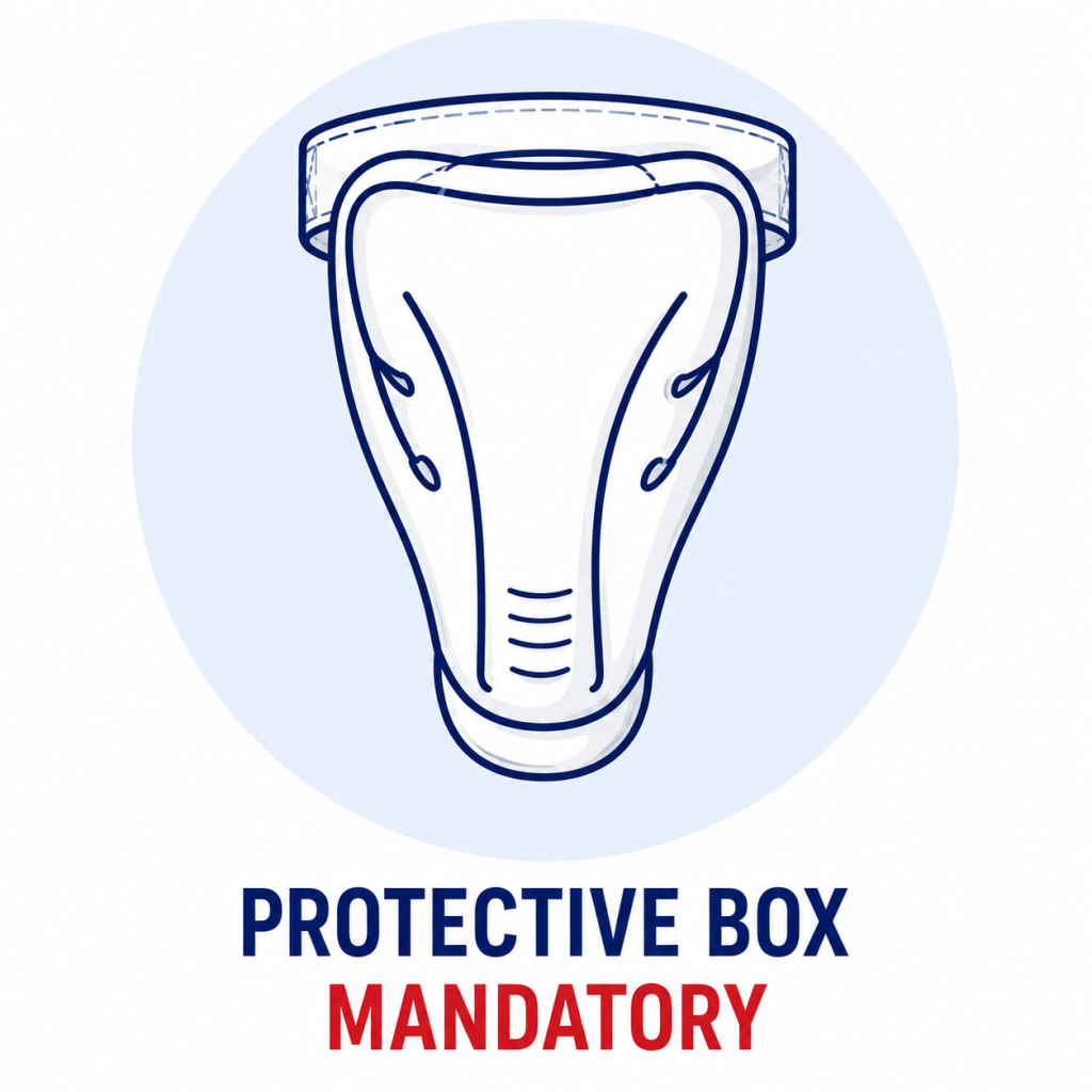 Illustration of a tampon with a protective box icon and the caption 'Protective Box Mandatory' below.
