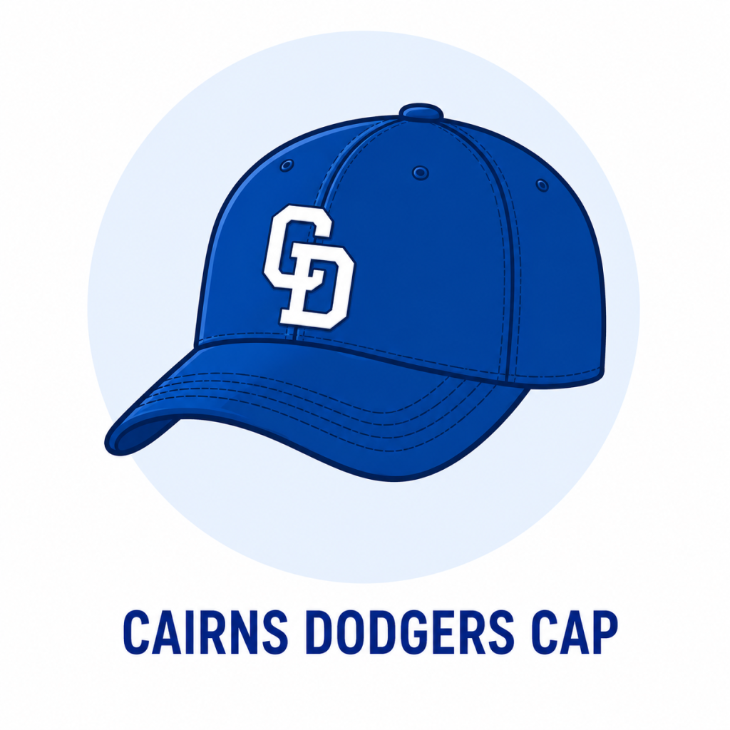 Blue baseball cap with a white 'CD' logo, stitched panels, set against a pale blue circular background.