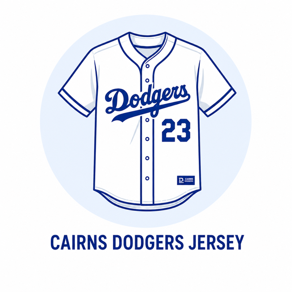 Illustrated white Dodgers baseball jersey with blue trim and the number 23, set against a pale blue circle.