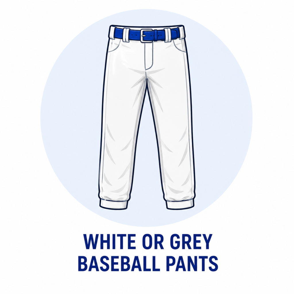 White baseball pants with a blue belt, on a pale blue circle background, with the caption 'WHITE OR GREY BASEBALL PANTS' below.