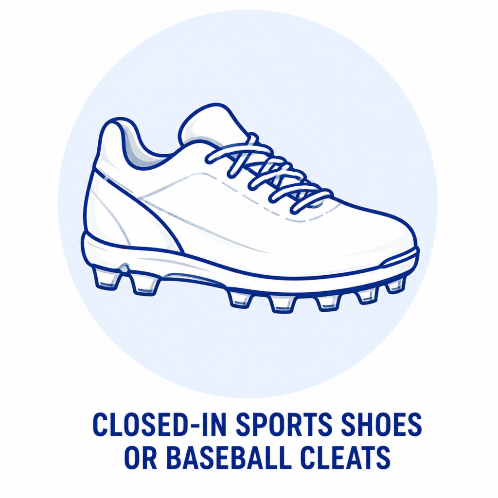 Illustrated white sports shoe with a blue outline inside a pale blue circle; text reads: Closed-in sports shoes or baseball cleats.