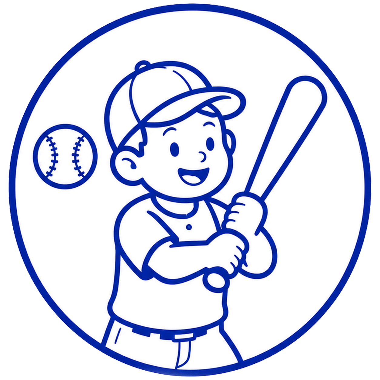 Cartoon child in a cap holding a baseball bat, ready to swing, with a baseball nearby inside a circular frame.