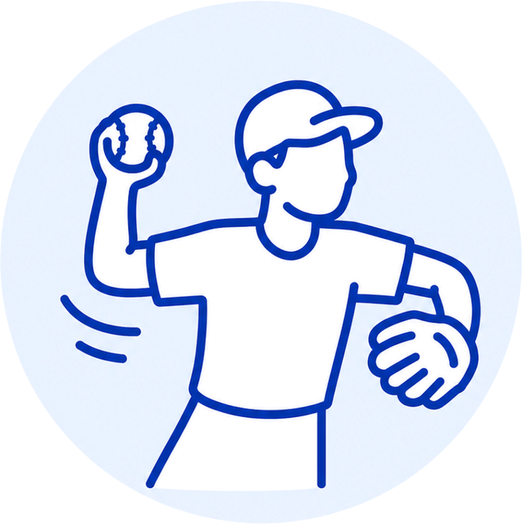 Stylized blue line drawing of a baseball pitcher throwing a ball inside a light blue circular background