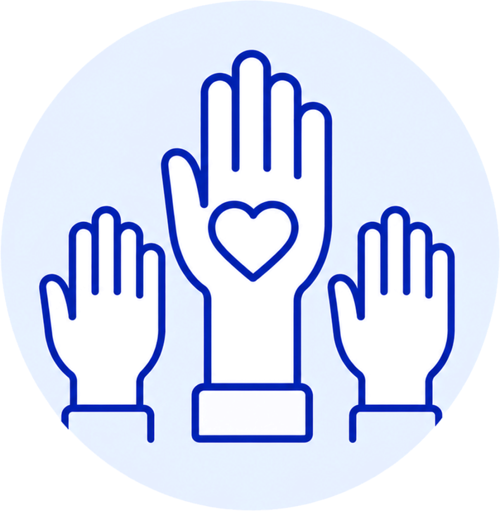 Three raised hands with a heart on the center hand, symbolizing volunteering and support.