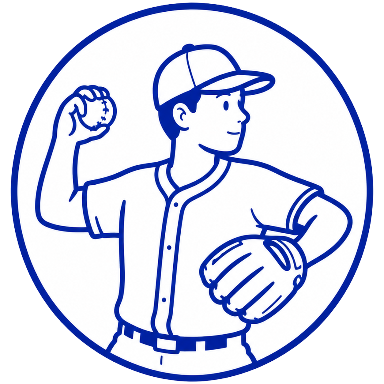 Baseball pitcher throwing a ball, wearing a cap and holding a glove inside a circular border.