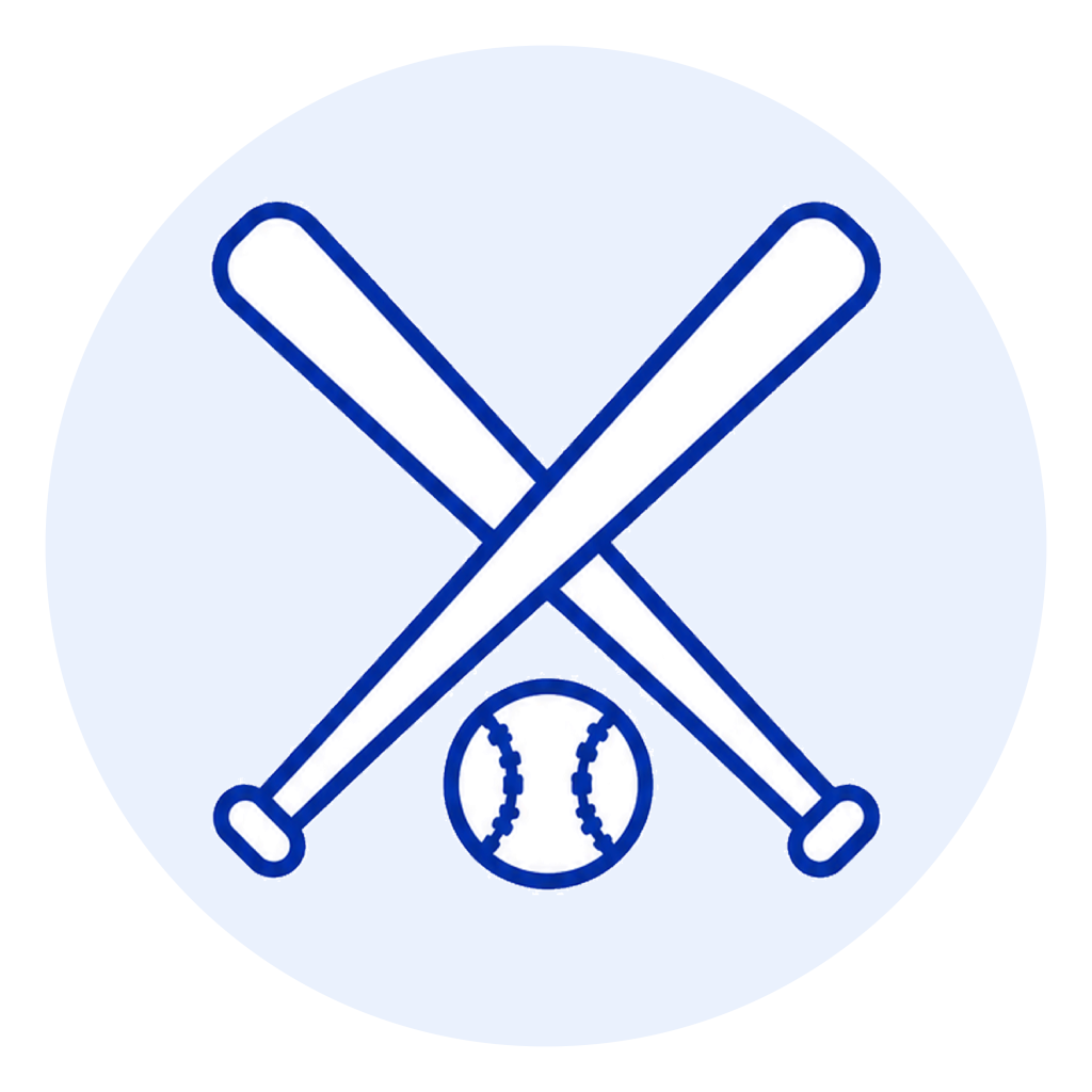 Logo with two blue outlined baseball bats crossed over a baseball inside a pale blue circular background