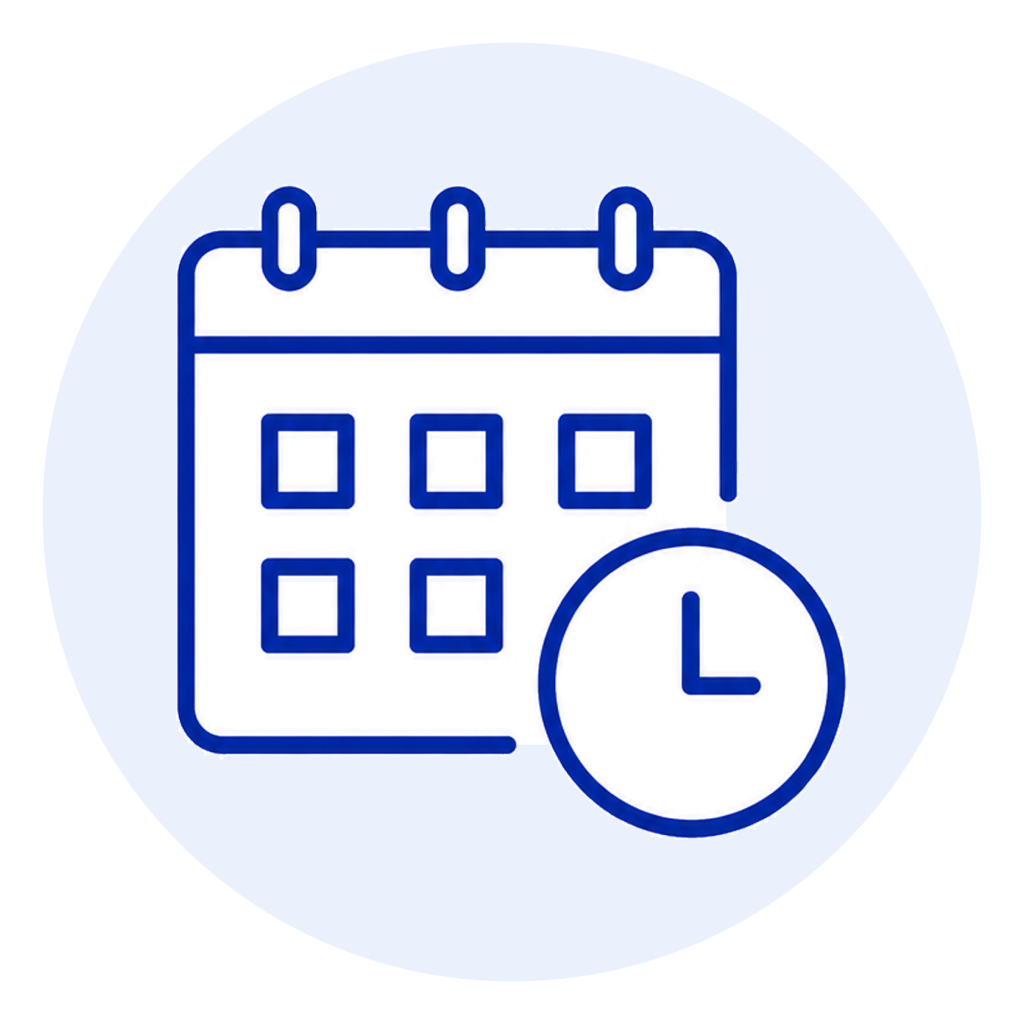 Blue calendar icon with three binder rings at the top on a pale blue circular background, suggesting scheduling or dates.