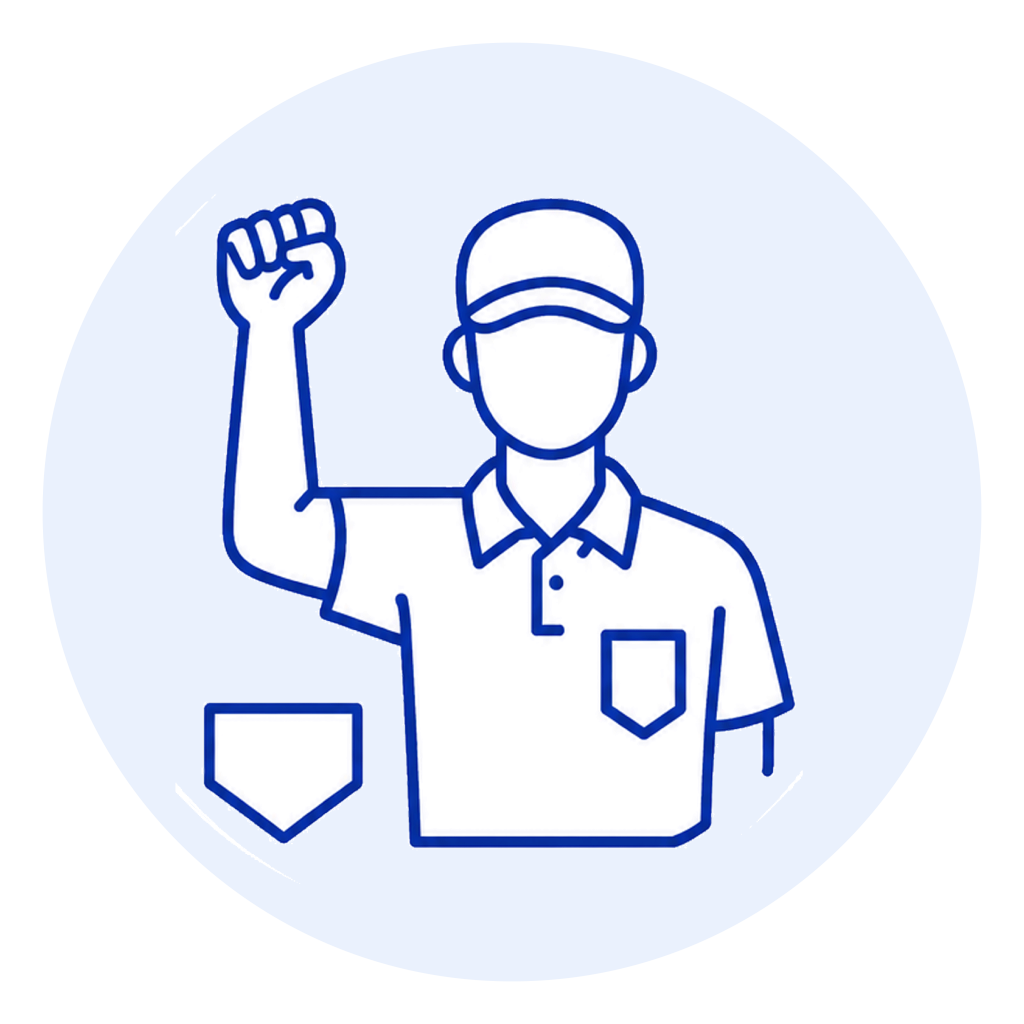 Line drawing of two workers inside a light blue circular badge, one fist raised in the air and the other wearing a uniform with a cap and name tag