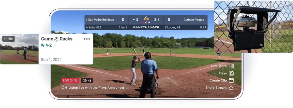 Smartphone displaying a live baseball game with a scoreboard, player at bat, and on-screen controls over a baseball field image.