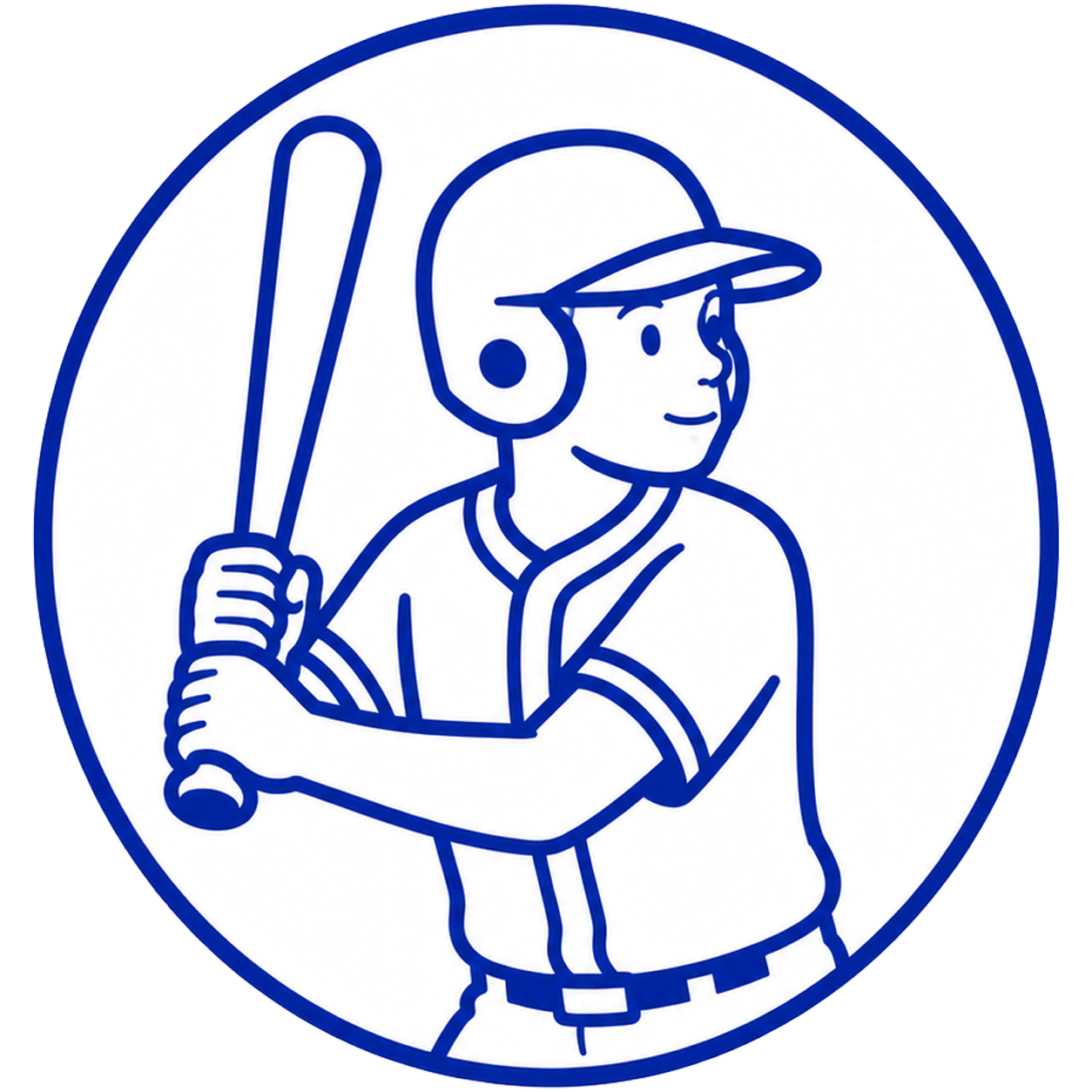 Blue line drawing of a baseball player swinging a bat inside a circular border, wearing a helmet and cap (logo style).