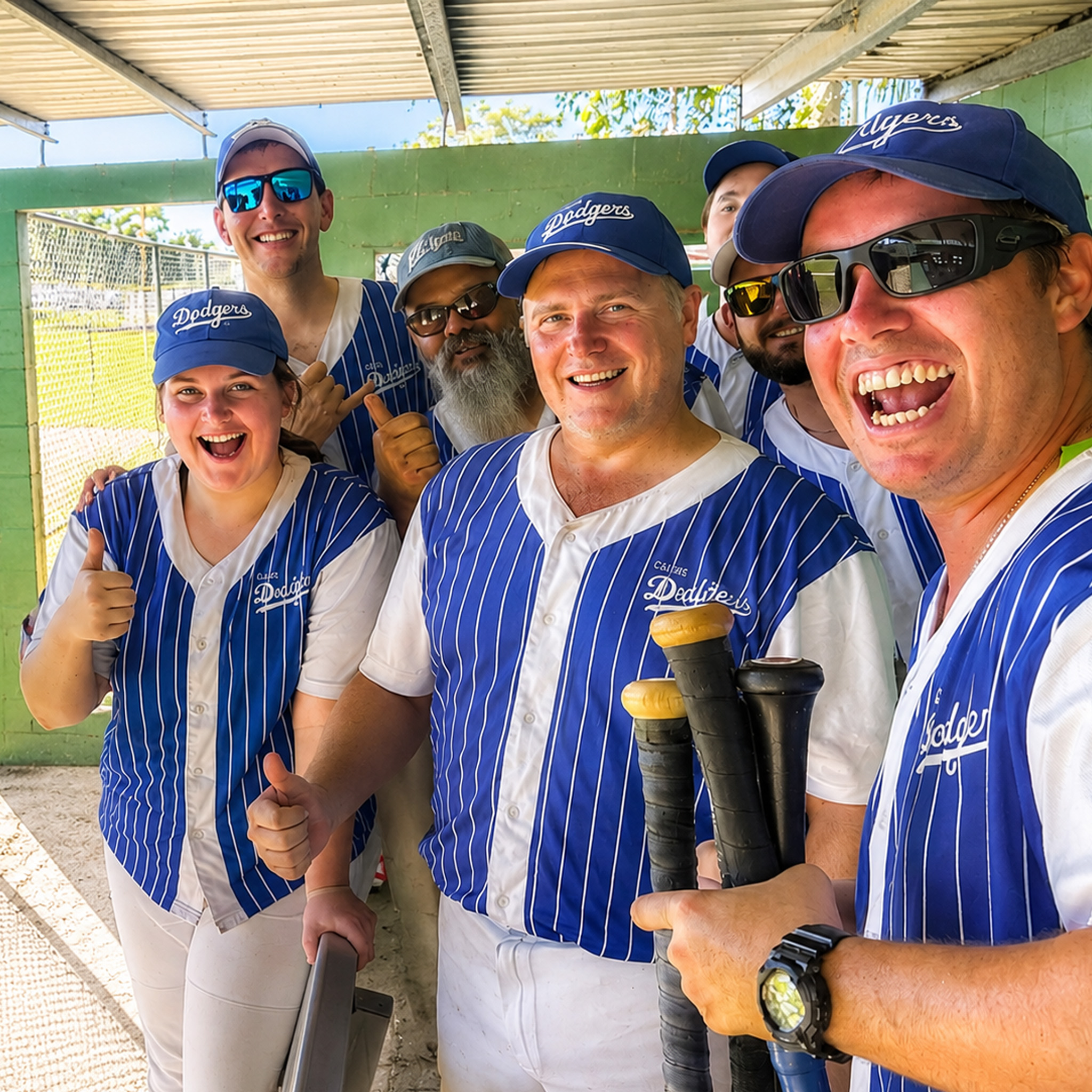 Group of smiling baseball players in blue-and-white Dodgers jerseys posing for a selfie in the dugout.