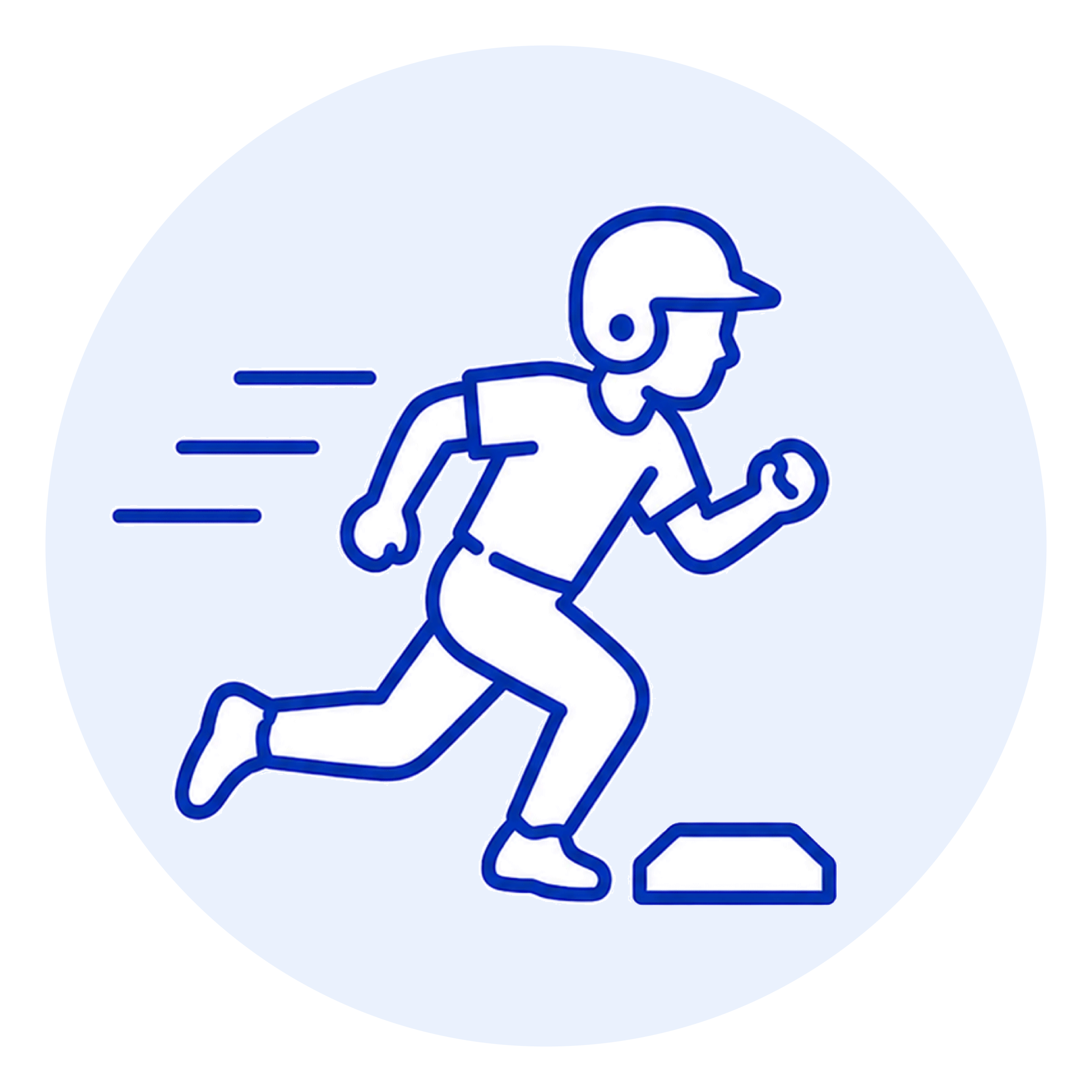 Blue outline illustration of a person running in motion against a pale blue circular background, emphasis on speed or activity.