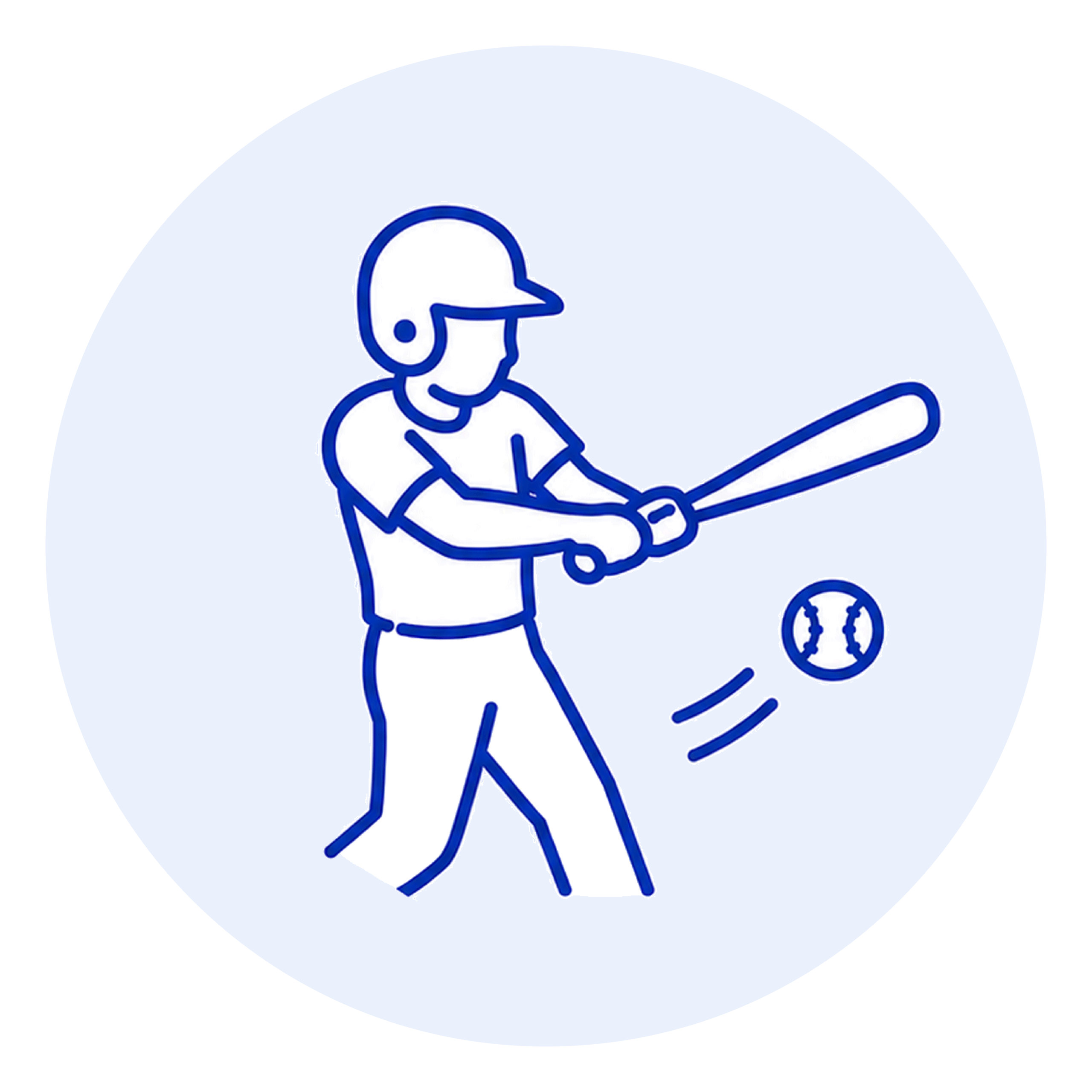 Line-drawn cartoon of a baseball player swinging a bat on a pale blue circular background in blue outline.