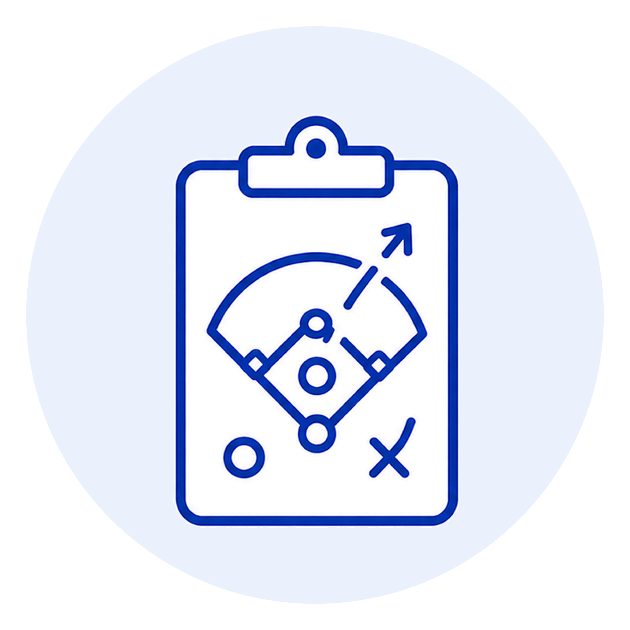 Clipboard with a blue outline displaying a simple flow diagram of connected nodes and arrows on a light background.