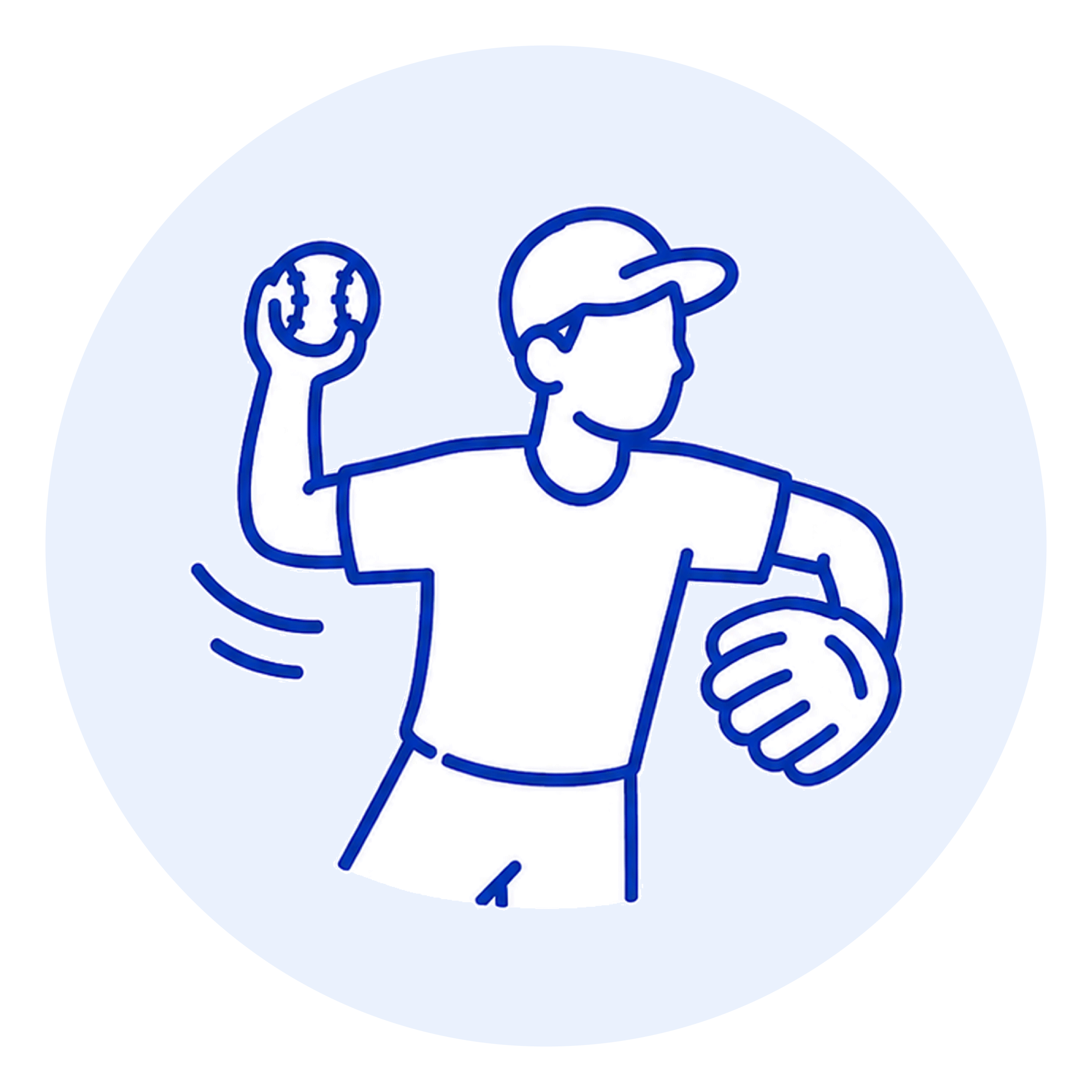Line drawing of a person cradling a baby in their arms, blue outline on a light blue circular background.
