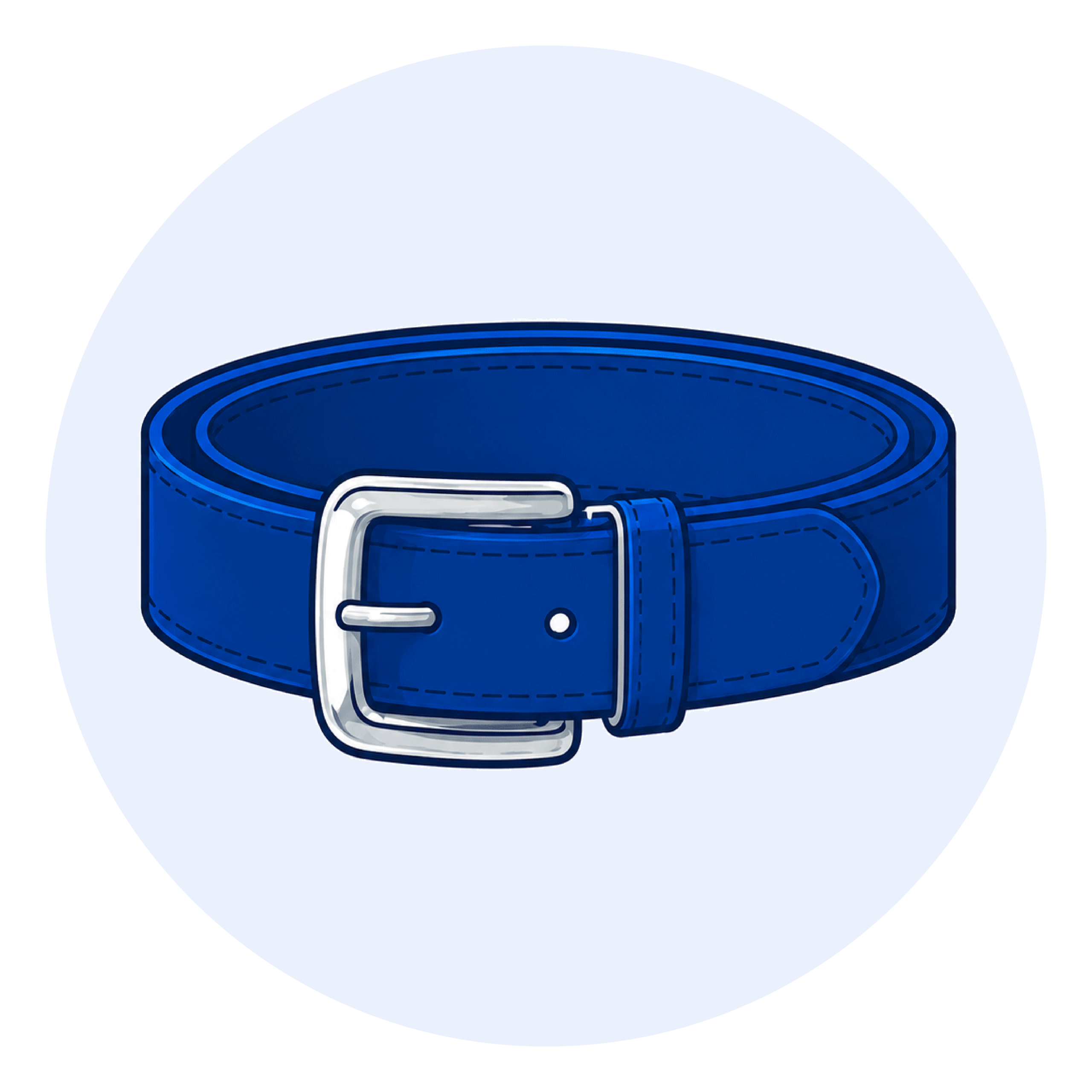 Close-up illustration of a blue belt with a silver buckle on a pale blue circular background, showing stitching detail.