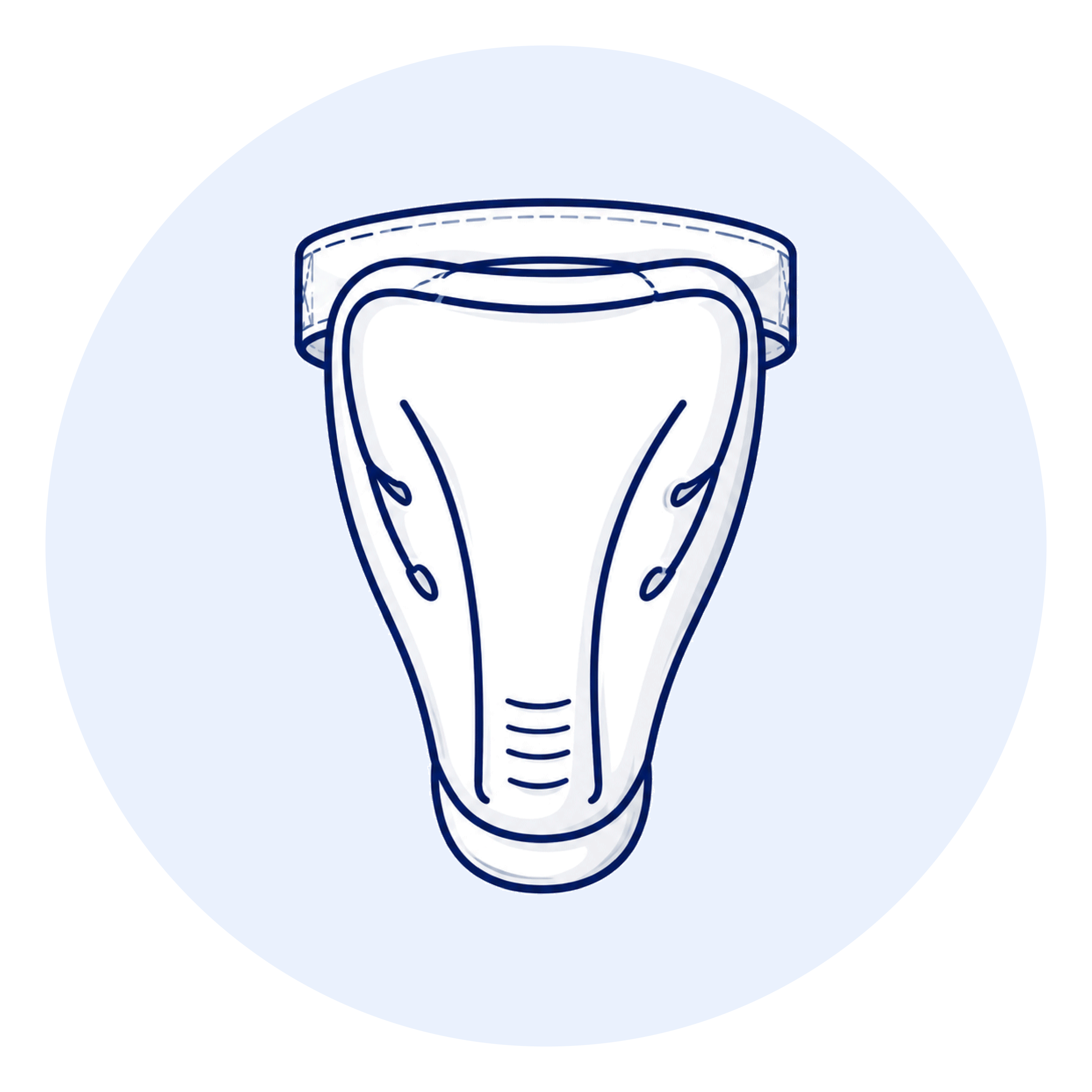 Illustration of a white goalie mask with blue outlines, centered on a pale blue circular backdrop.