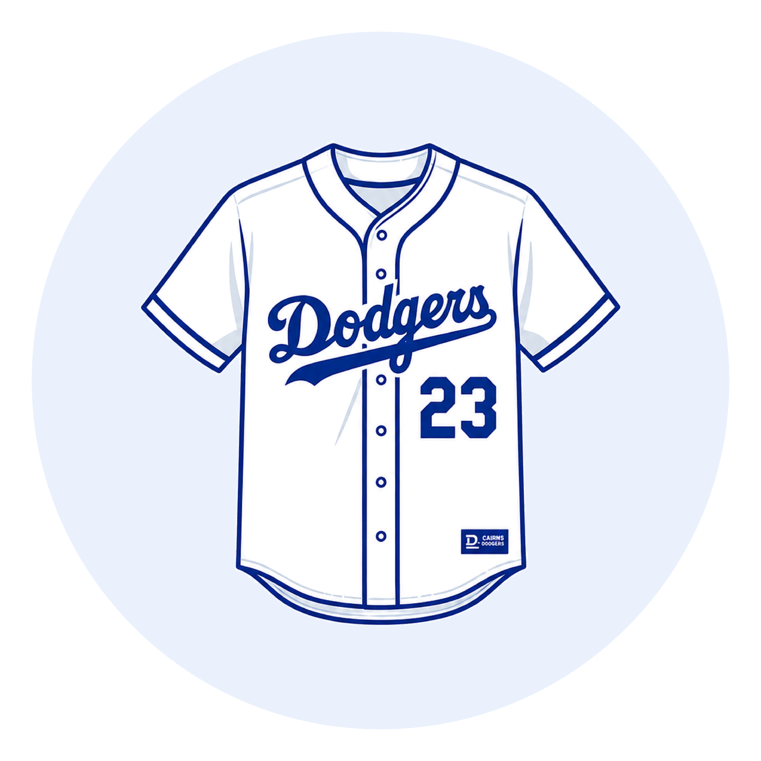 Illustrated Dodgers baseball jersey front view with number 23 on the chest against a light blue circular background.