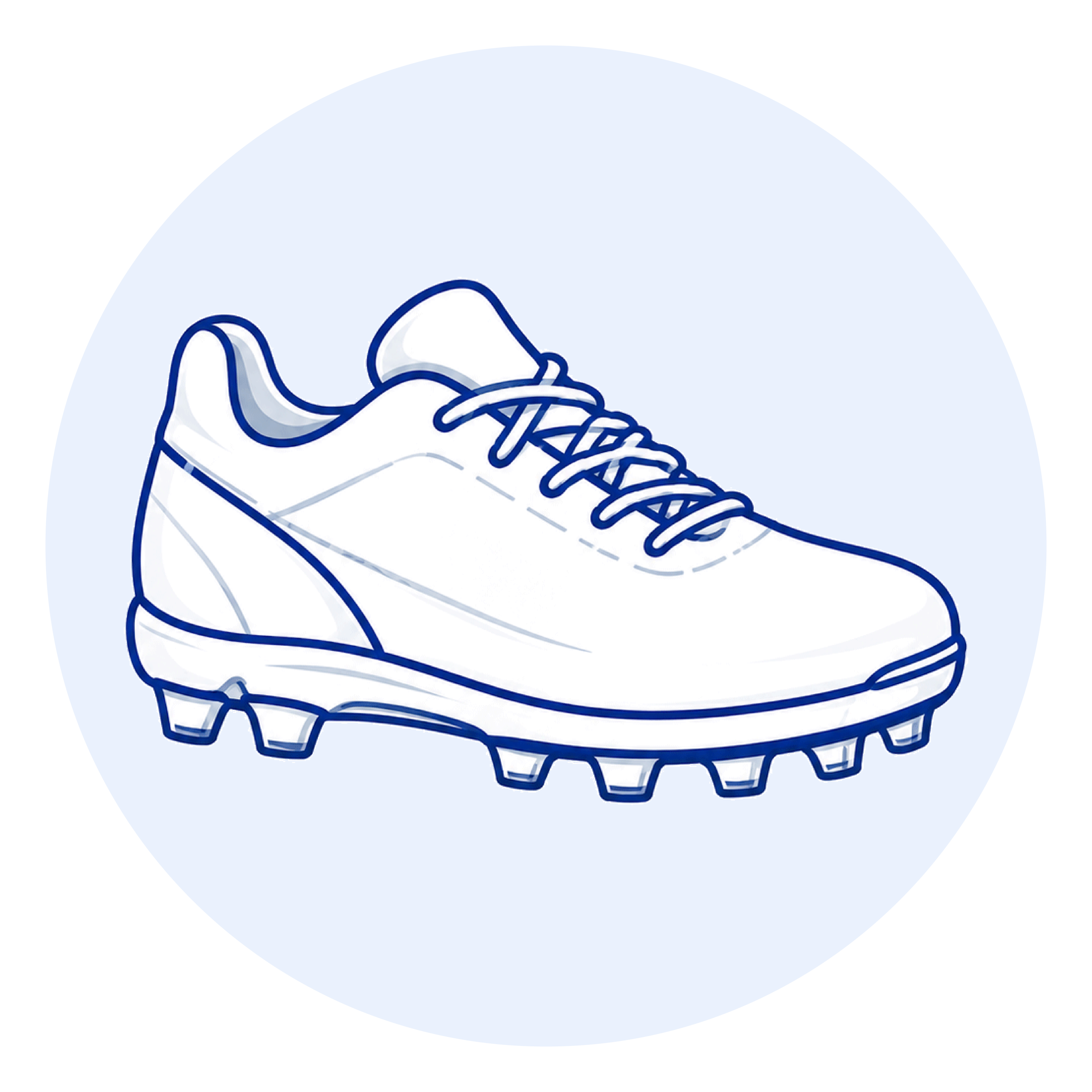 Stylized white sneaker outline with blue borders on a pale blue circular backdrop (partial view).