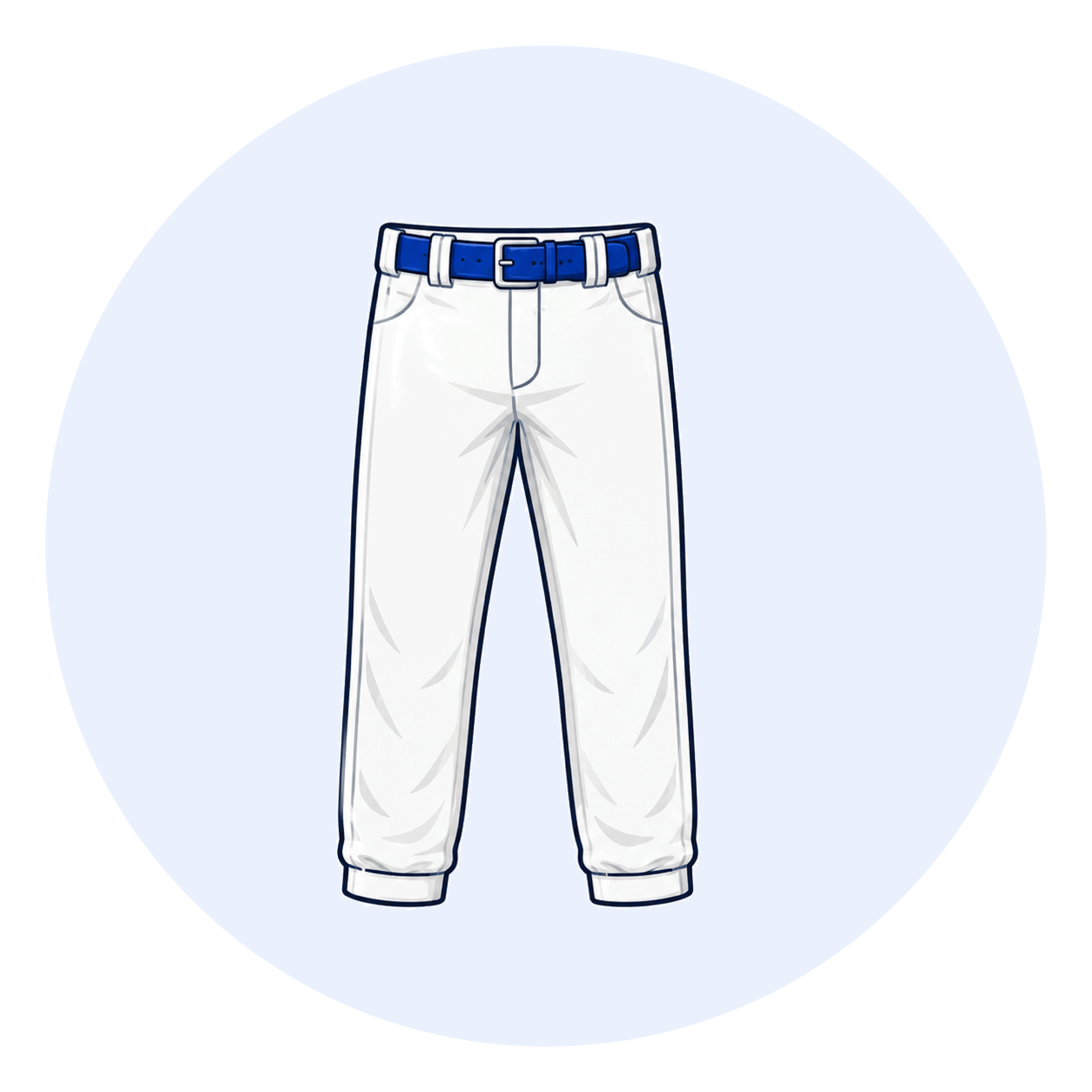 Pair of white jeans with a bright blue belt seen from the waist down.